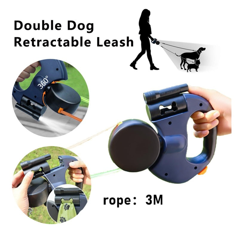 Dual Dog Leash with Tangle-Free Swivel & LED Light